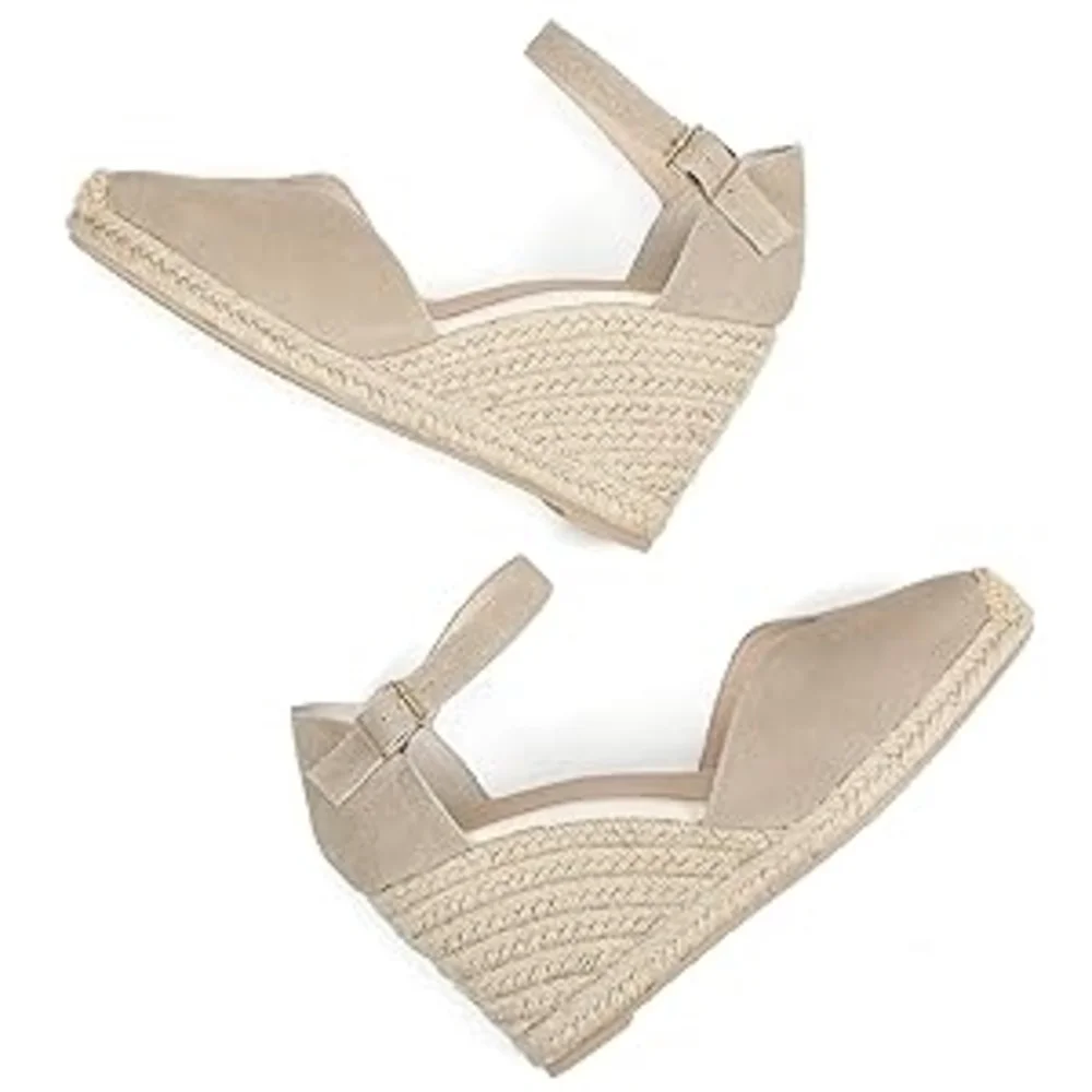 Tonivis Women's Leather Beige Ankle Strap Wedge Espadrilles Size 7.5
